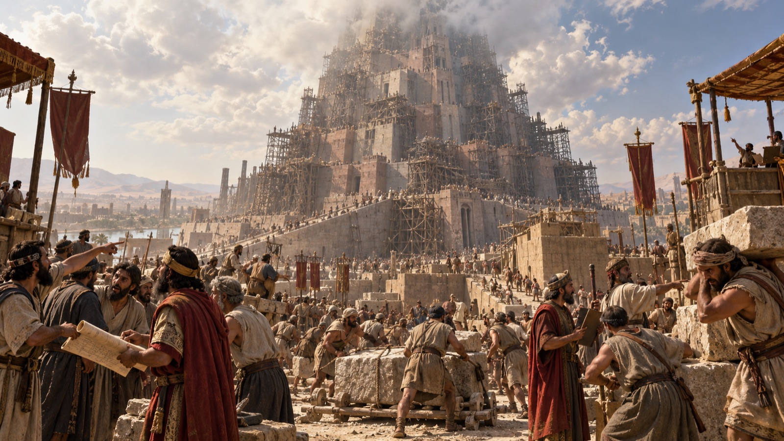 The Tower of Babel rising above a chaotic construction site