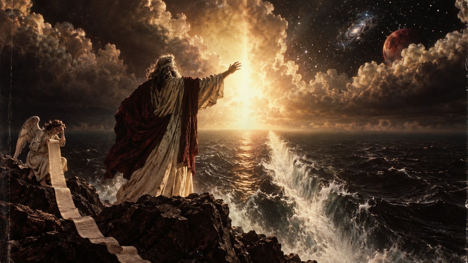 A cinematic vision of creation over a primordial sea
