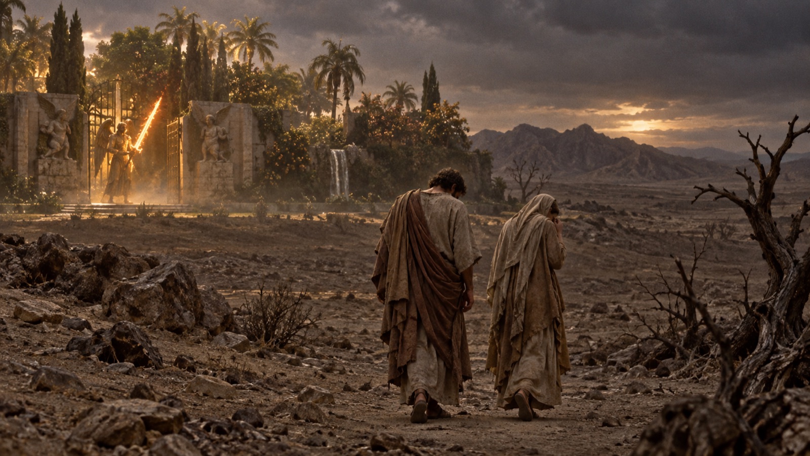 Adam and Eve walking away from Eden