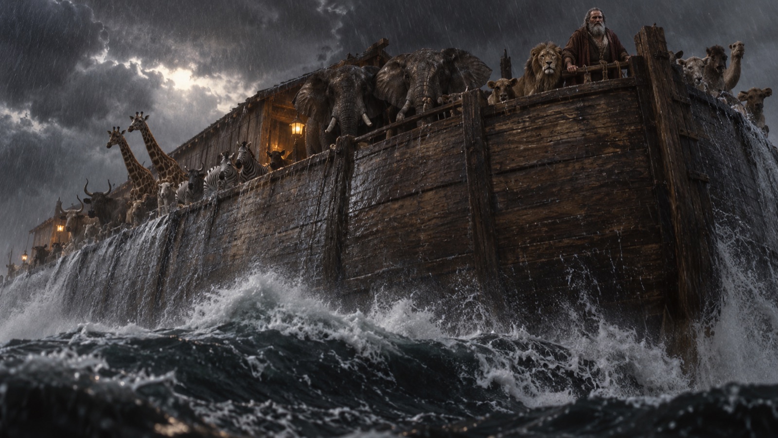 Noah's ark fighting through a catastrophic storm